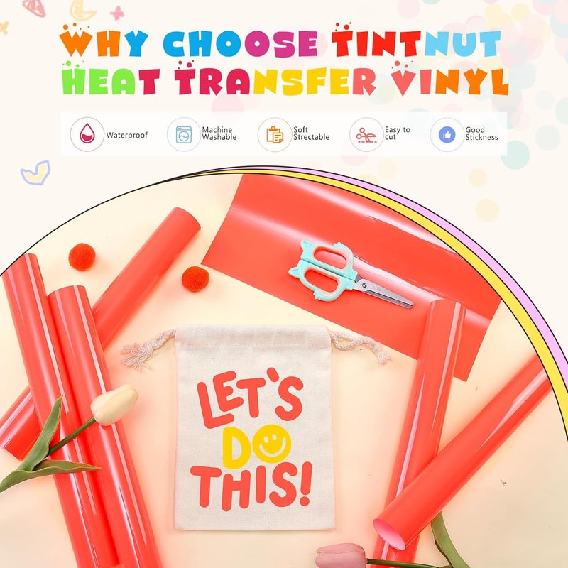 Tintnut Neon Heat Transfer Vinyl -6 Sheets 12" x 10" Pastel Tangerine Neon Iron on Vinyl for Fabrics Pastel HTV Vinyl Compatible with Cricut and Silhoutte Cameo - Image 3